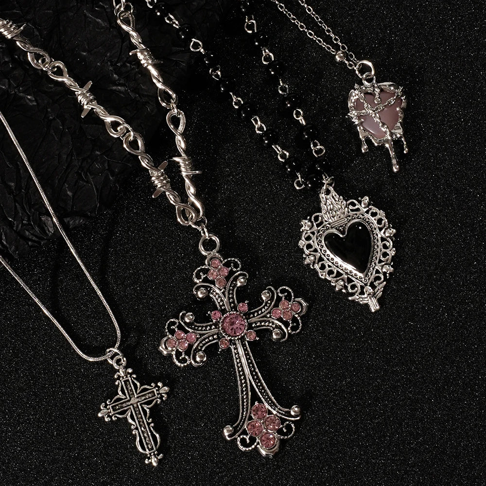 Y2K cross heart pendant necklace rhinestone alt jewelry detail photo 2