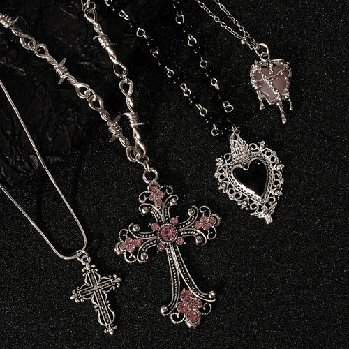Y2K cross heart pendant necklace rhinestone alt jewelry detail photo 2