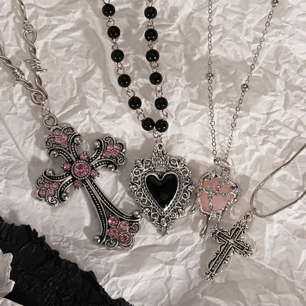 Y2K cross heart pendant necklace rhinestone alt jewelry main product photo