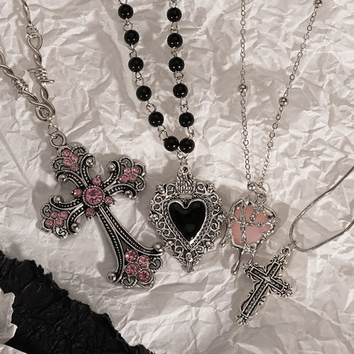 Y2K cross heart pendant necklace rhinestone alt jewelry main product photo