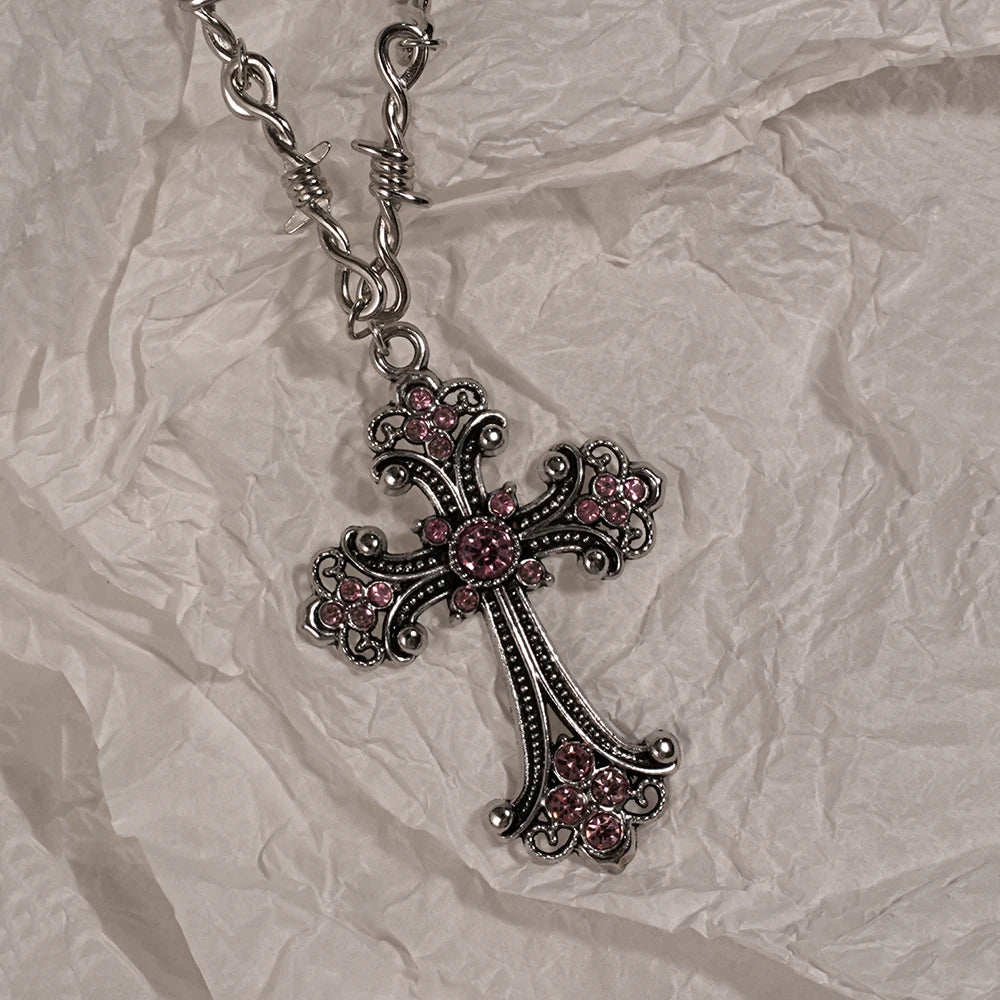 Y2K cross heart pendant necklace rhinestone alt jewelry detail photo 8